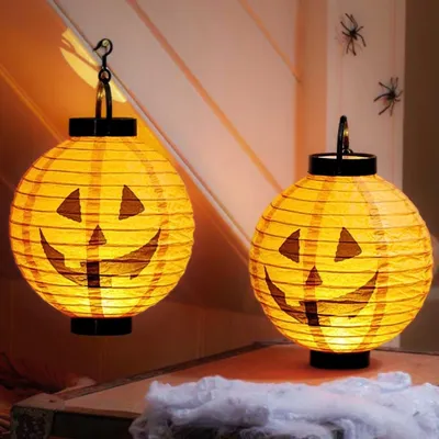 2er Set Papierlampions Kürbis, 26 cm, LED, Halloween
