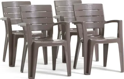 Image de lot de 4 chaises en polypropylène monobloc, empilables avec accoudoirs, résistantes à l'eau, effet bois pour jardin, terrasse, restaurant, bar, faciles à nettoyer - Anita - Gris pigeon