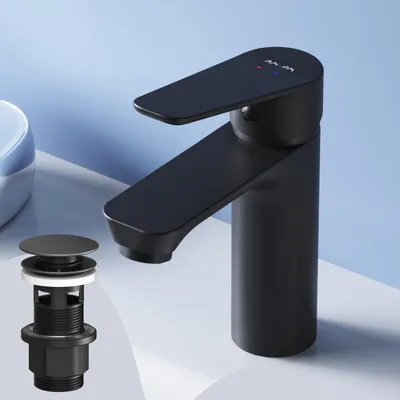 Produktbild von AM.PM Badarmatur mit Pop-Up Ablaufventil für Waschbecken Wasserhahn Bad Schwarz Waschtischarmatur mit Ablaufgarnitur 1 1/4 Zoll Messing Ventil Ablauf