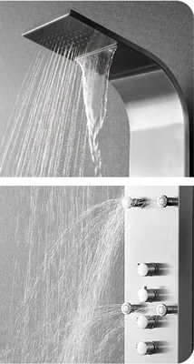 A collage showing two close-up views of a modern stainless steel shower panel with water flowing from the showerhead and jets.