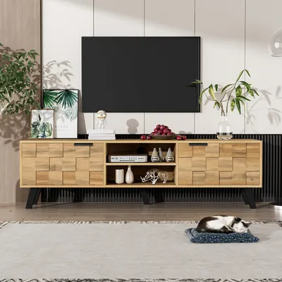 Produktbild von okwish TV-Schrank TV-Lowboard mit 2 Türen und 2 offenen Fächern,160,5 x 35,5 x 45 cm, Fernsehtisch Wohnzimmerschränkefür Wohnzimmer, Holzfarbe