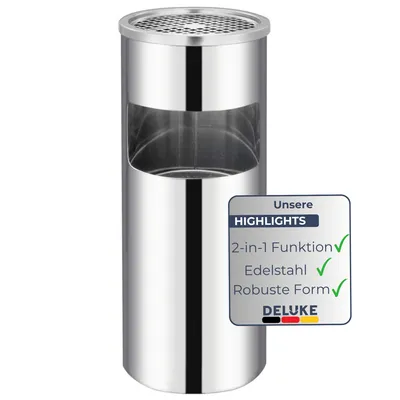 Produktbild von DELUKE® Runder Standaschenbecher für Draußen 30L - 25x61cm Edelstahl | Mülleimer mit Aschenbecher Abfalleimer mit Inneneimer Standascher Outdoor, Silber