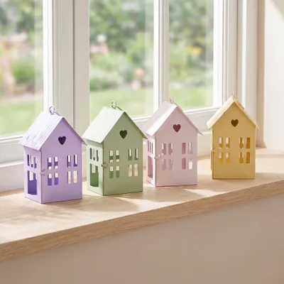 Produktbild von 4er Set Haus Laternen Teelichthalter Bunt Metall Tischdeko Kerzenhalter Scandi Design Teelichthaus