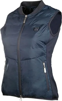 A navy blue heated vest is shown against a white background.