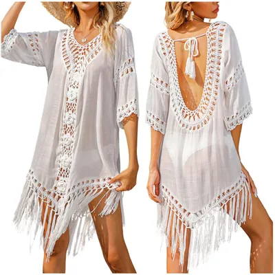 Produktbild von Strandtunika Damen Boho Spitze - Einheitsgröße - Weiß - Strandkleid Pareo Fransen