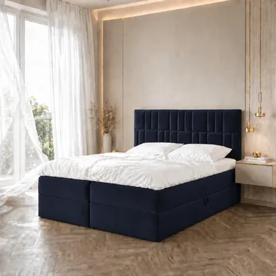 Image de Boxspring Lit double TEO 1 - 140x200cm Lit avec matelas Bonell, avec sommier pour linge de lit et topper.  (bleu foncé)