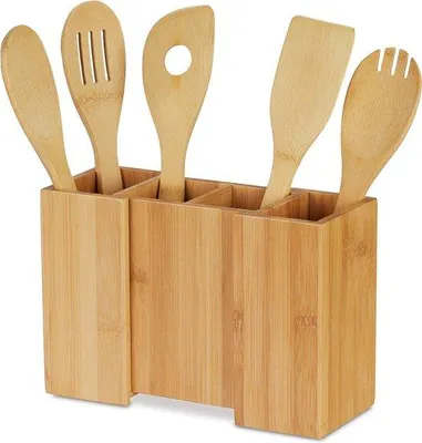 Image de Set d'ustensiles de cuisine en bambou de 5 cuillères de cuisine - porte-couverts extensible - HBD env. 17x25x10 cm