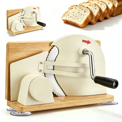 Immagine prodotto di Brotschneider – Tagliapane manuale pieghevole – Lame in acciaio inossidabile – Spessore del taglio regolabile – Antiscivolo, ideale per pane a lievitazione naturale e pane tostato – Colore beige