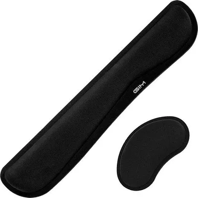 Obrázek produktu pro Ergonomická podložka Unyqoos® pro zápěstí, vhodná pro klávesnici a myš, vyrobená z paměťové pěny, s prodyšnou povrchovou úpravou, s protiskluzovou základnou. Rozměry: podložka pod klávesnici 43,9 x 7,6 x 2,5 cm, podložka pod myš 14 x 7 x 2,5 cm