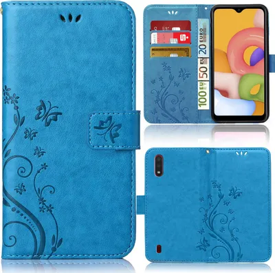 A collage of images showing a blue phone case with a floral and butterfly design, including a view of the inside with card slots and a phone inserted.