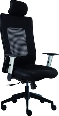 A black office chair with a headrest and silver armrests is shown against a white background.