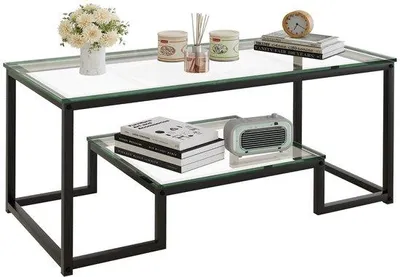Image de Unyqoos® : Table basse moderne en verre – plateau en verre trempé et structure métallique robuste, 2 niveaux de rangement ouvert, capacité de charge jusqu'à 36 kg