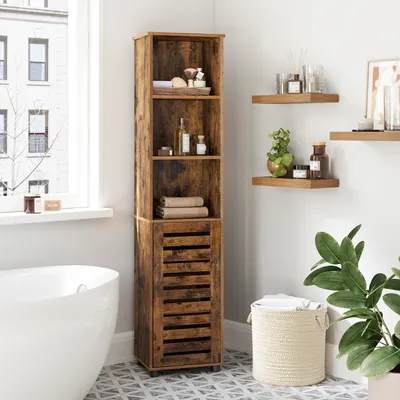 Produktbild von VASAGLE Badezimmerschrank, Hochschrank, Badschrank, 3 offene Fächer, 2 verstellbare Einlegeböden hinter der Tür, Aufbewahrungsschrank, für Badezimmer, Flur, Küche, Wohnzimmer, vintagebraun BBK160X01