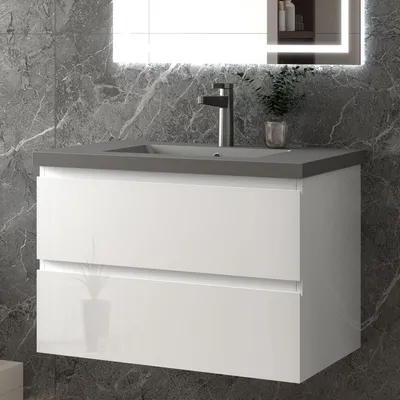 Produktbild von 80 cm Badmöbel-Set Unterschrank mit Dunkelgrau Mineralguss Waschbecken 2 Schubladen soft-close Hochglanz Weiß Selbstmontierter