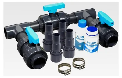 Produktbild von Pool Bypass Set Basic Deluxe 50 mm – PVC Kugelhähne, T-Stücke, Kleber und Reiniger – Durchflussregelung für Wärmepumpe und Solaranlage