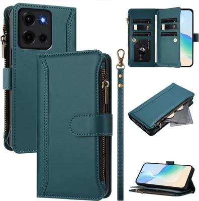 Image de Etui pour Motorola Moto G 2025, zippé, portefeuille Etui à rabat en cuirPolyuréthaneavec pochettes pour cartes, support et dragonne vert