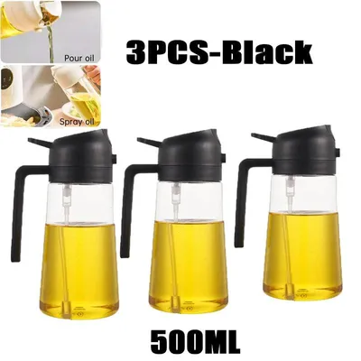Produktbild von 500ml Ölsprühflasche, 2in1 Multifunktional, Ölsprüher Dose Sprühflasche Ölglas Ölsprüher Speiseöl Spray zum Kochen, Grillen, Backen, Heißluft.Farbe:3 Stück - Schwarz