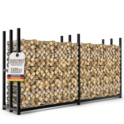 Obrázek produktu pro Venkovní regál na dřevo, kovový, 223 x 50 x 115 cm, pro polena o délce 25 cm, regál na palivové dřevo, zahrada, terasa, pozinkovaný, černý