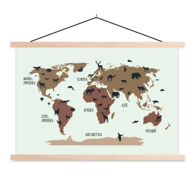 Obrázek produktu pro MuchoWow® Textilní plakát - Mapa světa Děti - Zvířata - Hnědá - 60x40cm - S hnědými lamelami