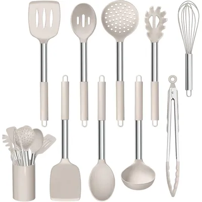 Immagine prodotto di Set di accessori da cucina in silicone (10 pezzi) con manici in acciaio inossidabile, color kaki. Utensili da cucina antiaderenti e portauensili