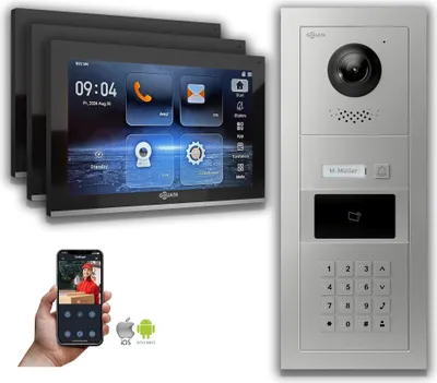 Produktbild von Goliath IP Video Türsprechanlage mit Kamera 10-Zoll Zahlencode RFID Silber : 3 Monitore : 10 Zoll Schwarz : Unterputzdose Monitor Anzahl: 3 Monitore Monitor Farbe: 10 Zoll Schwarz Montage: Unterputzdose