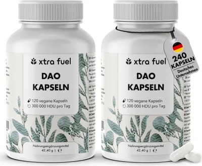 Immagine prodotto di Capsule di enzimi DAO - Diamina ossidasi vegana da germogli di pisello - 300.000 HDU - 2 dosi (240x capsule DAO)