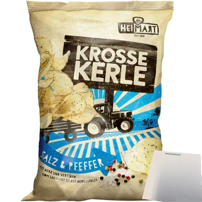 Produktbild von HeiMart Krosse Kerle Salz & Pfeffer Kartoffel-Chips in der Schale geröstet (115g Packung) + usy Block