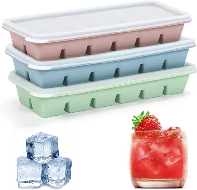 Immagine prodotto di Stampo per cubetti di ghiaccio con coperchio - Set di 3 - Stampo in silicone quadrato per cubetti di ghiaccio con 12 cavità (3 x 3 x 2,5 cm)