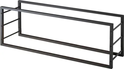 A black metal firewood rack is shown against a white background.