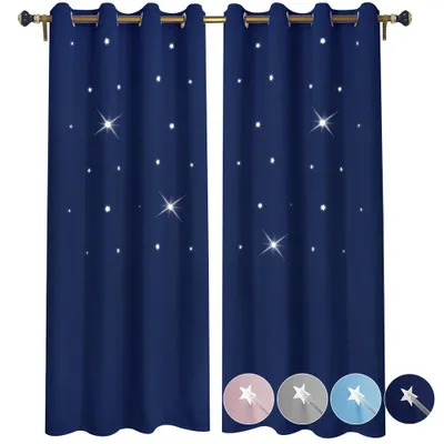 Image de 1 rideau creux 132 x 160 cm, rideau opaque à œillets avec motif étoiles pour salon, chambre d'enfant ou chambre à coucher, bleu foncé