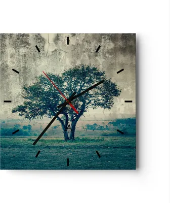 Produktbild von Wanduhr - Quadrat - Glasuhr - Baum Natur Feld - 40x40cm - Schleichendes Uhrwerk - Lautlos - zum Aufhängen bereit - Dekoration Modern - Wanddekoration aus Glas - C3AC40x40-3627