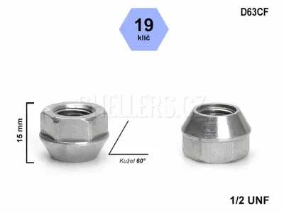 Obrázek produktu pro Kolová matice 1/2 UNF kužel otevřená, klíč 19, černá, D63CF, výška 15 mm