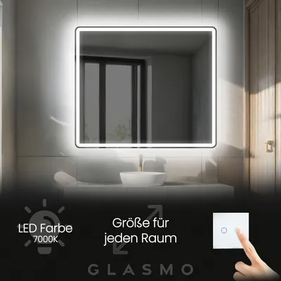 Zdjęcie produktu dla Lustro łazienkowe z oświetleniem LED 70x70 cm Naomi - Kwadratowe zaokrąglone lustro z oświetleniem - Zimna biel 7000K - Lustro łazienkowe Jasne lustro
