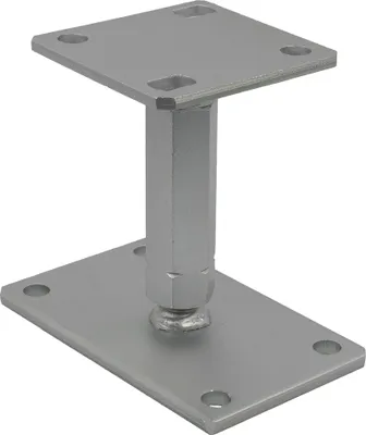 A silver metal post support bracket with a square base and a square top plate, connected by a hexagonal column. The bracket is shown against a white background.