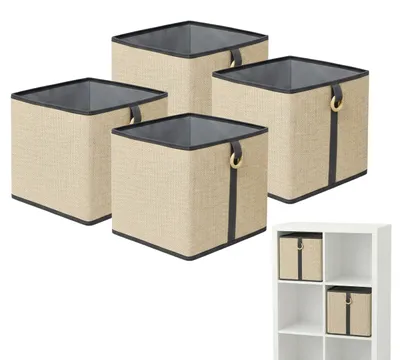 Zdjęcie produktu dla Zestaw 4 koszyków do przechowywania Relaxdays, bambus i tkanina, koszyczki łazienkowe, koszyki na półkę z uchwytem, wymiary 30x30x30 cm, kolor naturalny-czarny
