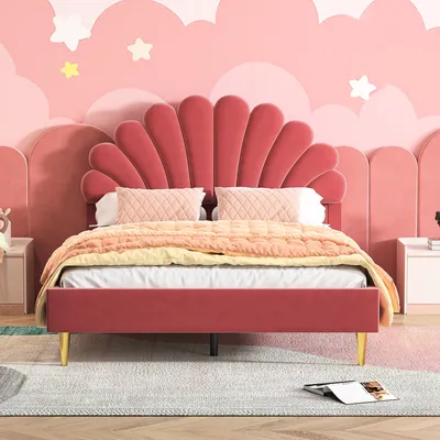 Image de ProximaX Lit Tapissé 140x200 cm - Lit Double avec Tête de Lit Fleurie & Sommier - Velours - Rouge