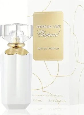 A bottle of Chopard Sparkling Love Eau de Parfum and its packaging are displayed against a white background with gold line art.