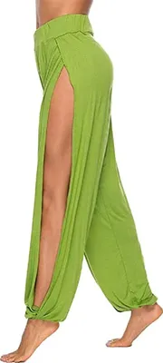 Image de ASKSA Femme Pantalon de harem à taille haute Femme Hippie Split Pantalon de sport Fitness Pantalon stretch Loose Fit Pantalon de yoga Pantalon de sport, Vert, S
