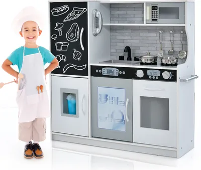 Immagine prodotto di Cucina per bambini COSTWAY con 10 accessori da gioco, cucina per bambini con lavagna, cucina giocattolo con microonde, gelatiera, lavastoviglie e forno (bianco)
