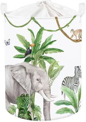 Produktbild von Ibenzoa® Bunter Dschungel-Aufbewahrungskorb für Kinder mit Tiermuster, Deckel, 36 x 45 cm, 45 L, wasserdicht (PE-Beschichtung), faltbar