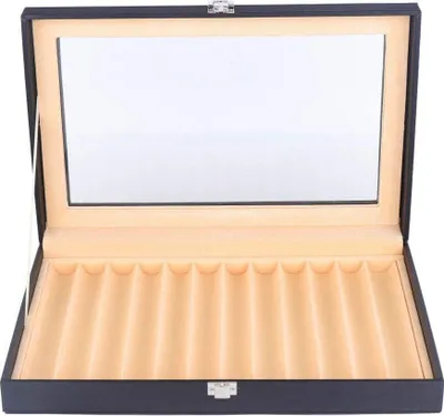 An open black pen box with beige lining and 12 slots for pens, with a clear glass lid.