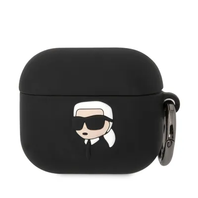 A black AirPods 3 case with a 3D Karl Lagerfeld head design and a metal clip.