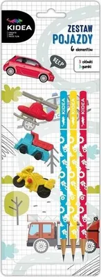 Produktbild von Set mit 3 Bleistiften und 3 Radiergummis Kidea Vehicles