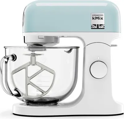 A studio shot of a light blue and white Kenwood kMix stand mixer.