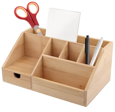 Produktbild von Holz Schreibtisch Organizer mit Schublade und Stifthalter - Bambus Stifteköcher