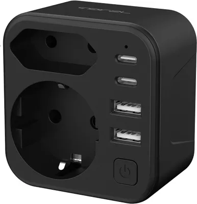 Produktbild von Reiseadapter – Steckeradapter – Zum Aufladen von Geräten – 6-in-1 mit USB-C – 6,8 x 7 x 4 cm – Schwarz