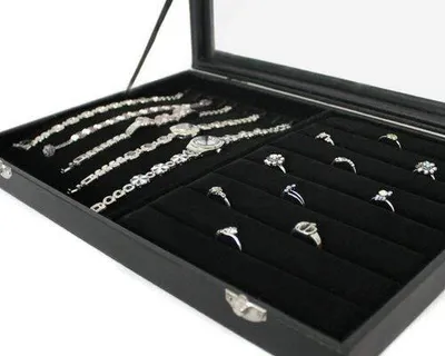 Produktbild von "2 in 1" Schmuckkasten Schmucklade Schaukasten Schmuckdisplay  für Ketten Ringe Uhren mit Glasdeckel schwarz