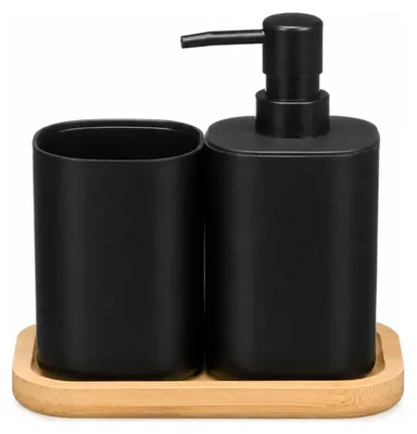 Produktbild von Berilo Seifenpumpe / Seifenspender mit Becher – schwarz – Kunststoff – 356 ml – Badezimmer-Set