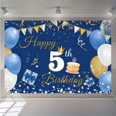 Zdjęcie produktu dla Baner urodzinowy, 150 cm x 90 cm, niebieski, napis "Wszystkiego najlepszego z okazji 5. urodzin", do dekoracji przyjęcia
