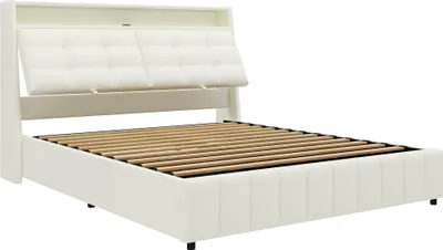 Immagine prodotto di letto a piattaforma okwish 160x200 imbottito con schienale regolabile, letto matrimoniale senza materasso, struttura letto con illuminazione LED e USB, bianco